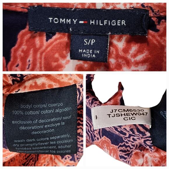Tommy Hilfiger S Paisley Button Up Shirt Women Orange Blue Roll Tab Sleeves BOHO - Picture 3 of 14